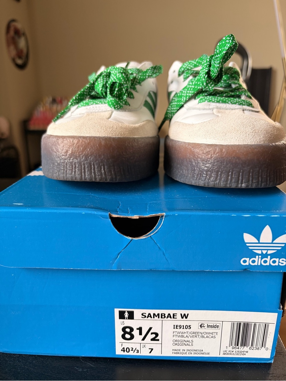 adidas Kids White Sneakers with Green Stripes and Laces - Picture 2 of 4